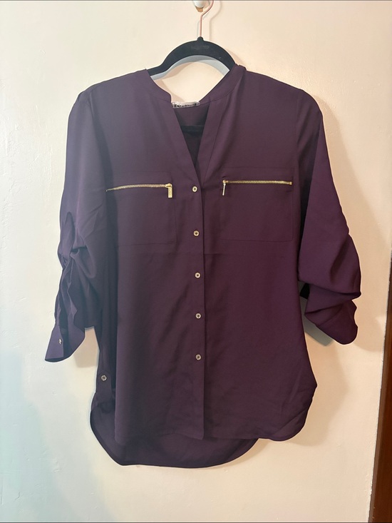 Calvin Klein Tops - Calvin Klein Deep Plum Button-Front Blouse with Gold Zippers